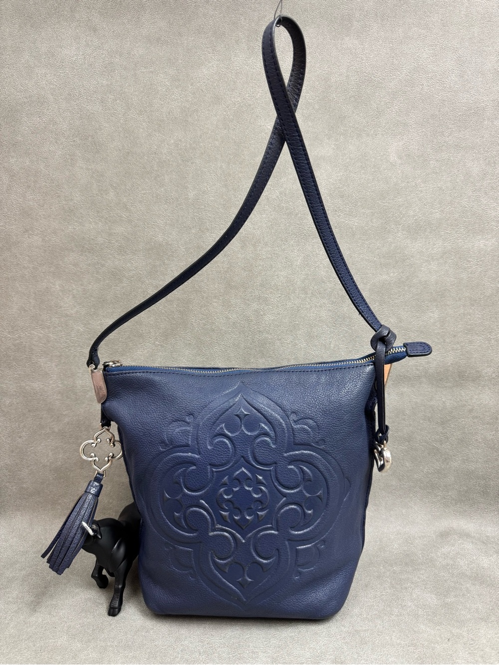 Brighton Navy Embossed Leather Shoulder Bag with Tassel Charm